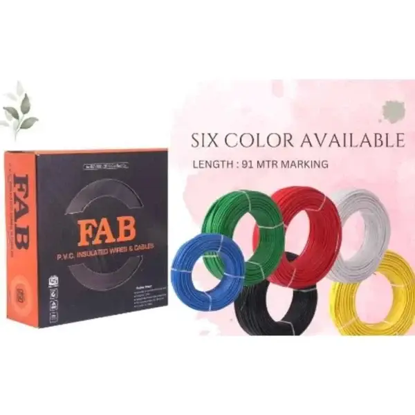 On the left: Box of FAB 0.75 Sqmm Single Core Black FR PVC CCS Copper Insulated House Wire (91m); on the right, six coils in blue, green, red, black, white, and yellow. Text: SIX COLORS AVAILABLE and LENGTH: 91 MTR MARKING.