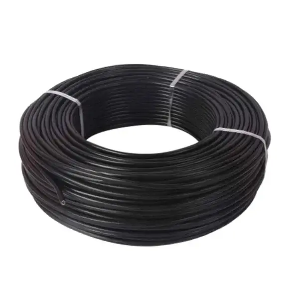 A 91m coil of FAB 0.75 Sqmm Single Core Black FR PVC CCS Copper Insulated House Wire, neatly wound and secured with white ties, is shown isolated on a white background.