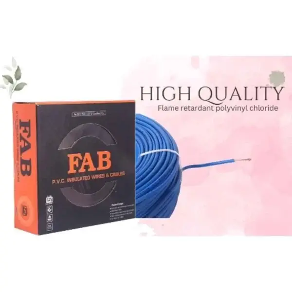Box labeled FAB 1 Sqmm Single Core Red FR PVC CCS Copper Insulated House Wire, 91 m, beside a coiled blue wire with exposed end. Text reads HIGH QUALITY Flame retardant polyvinyl chloride with small leaf graphics on light background.