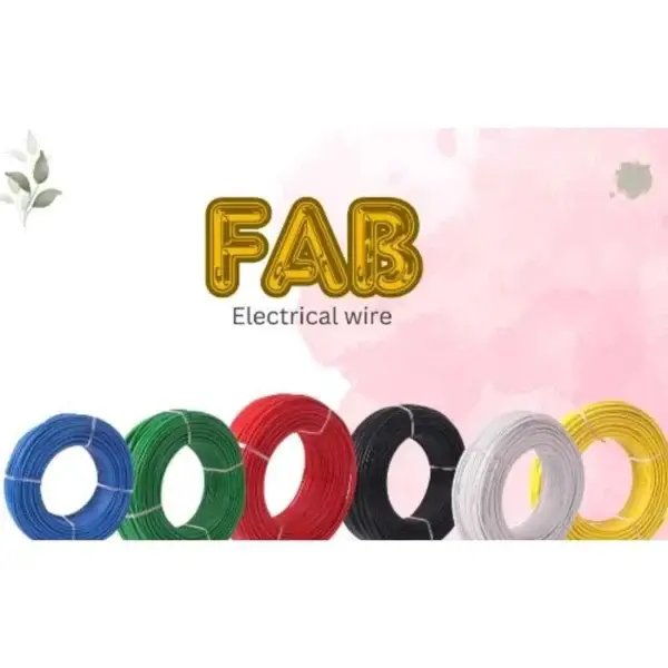 A 91-meter roll of FAB 1 Sqmm Single Core Red FR PVC CCS Copper Insulated House Wire is displayed below the text FAB Electrical wire on a light pink background with a small leaf illustration on the left.