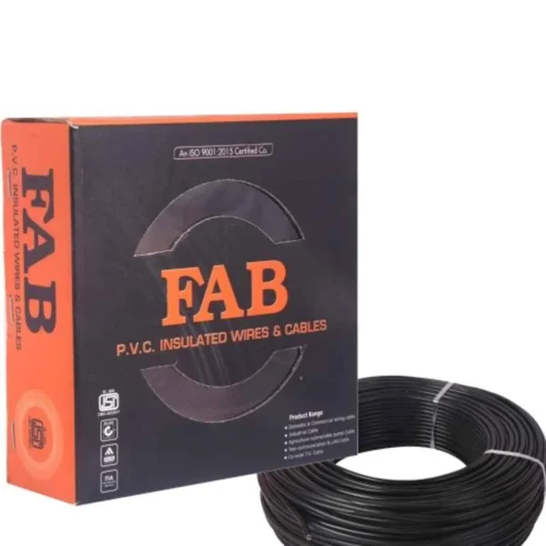 A box labeled FAB 0.75 Sqmm Single Core Black FR PVC CCS Copper Insulated House Wire (91 m) sits next to a coiled black wire. The mostly black box with orange sides features product details and certification symbols.