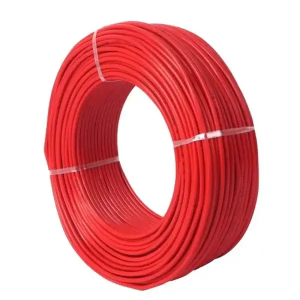 A 91 m coil of FAB 1 Sqmm Single Core Red FR PVC CCS Copper Insulated House Wire, neatly wound and secured with two white ties, is shown against a plain white background.