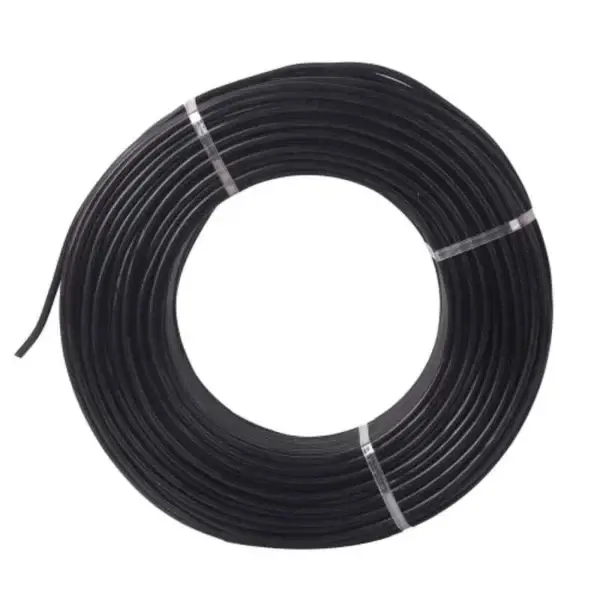 The FAB 0.75 Sqmm Single Core Black FR PVC CCS Copper Insulated House Wire, 91 m length, is neatly coiled into a circular shape and secured with three silver bands.
