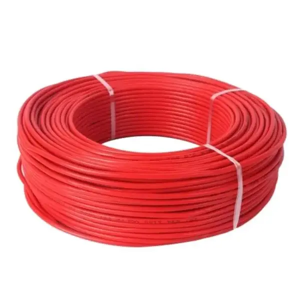 A 91 m roll of FAB 1 Sqmm Single Core Red FR PVC CCS Copper Insulated House Wire, neatly coiled and secured with two white plastic ties.